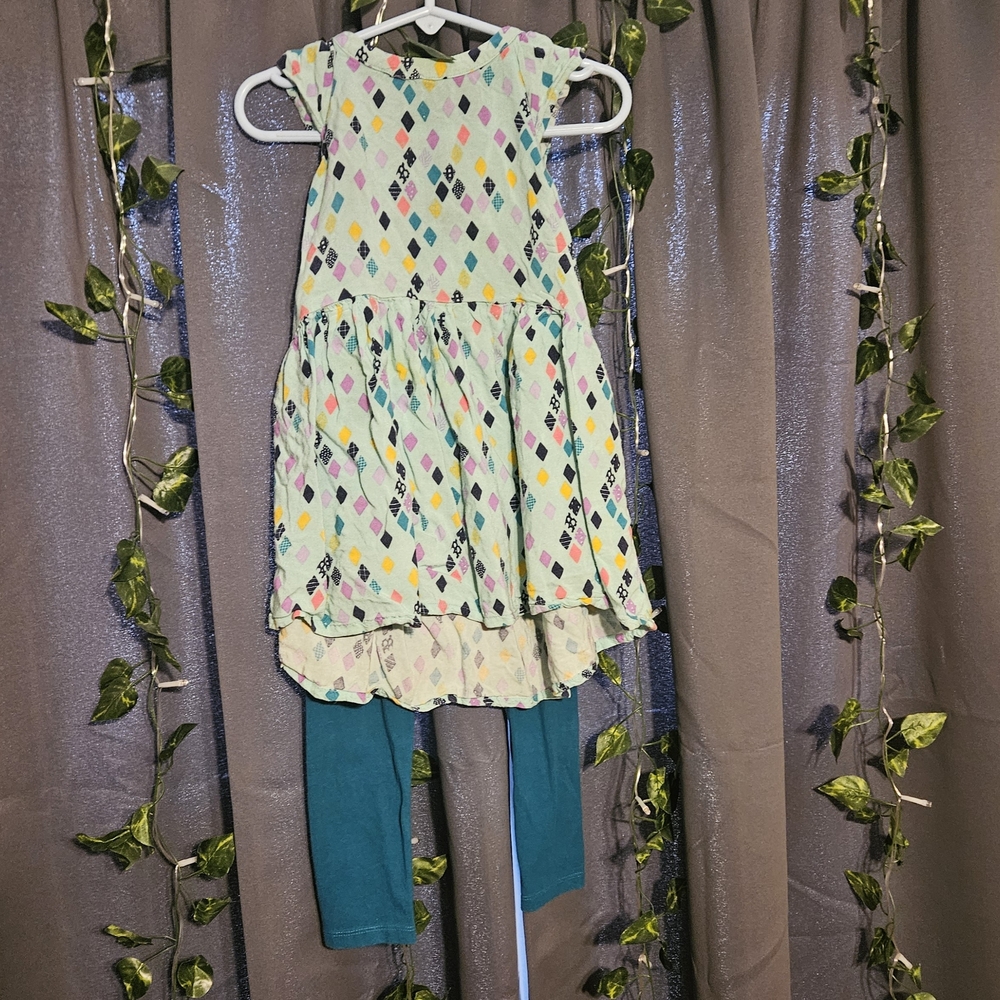 Girls Diamond Print High-Low Dress with Teal Leggings